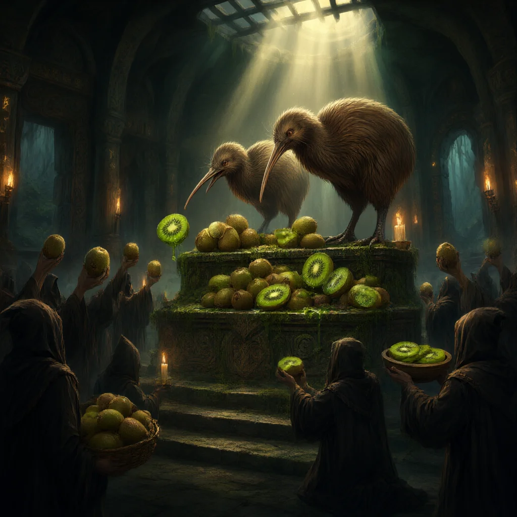 Hooded figures offer sliced kiwis to two birds on a mossy