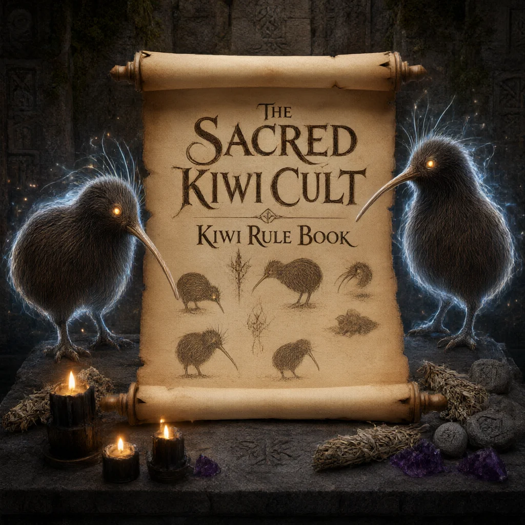 Glowing kiwi birds stand guard over an ancient scroll