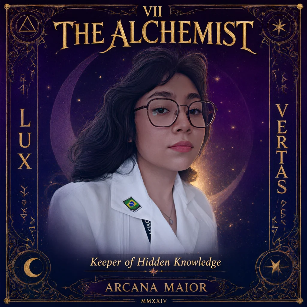 Custom tarot card of a woman with glasses as The Alchemist.
