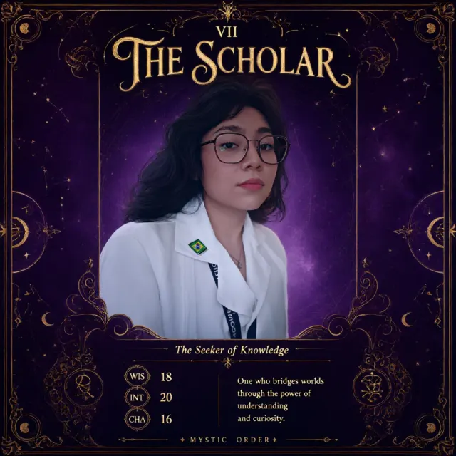 Transform the provided image into an original fantasy tarot-style profile card, while keeping the person recognizable and preserving their important facial features, hairstyle, and overall appearance. Place the person prominently within the upper and middle portion of the card as the main character/portrait.
Design the card with an ornate tarot-inspired border, mystical RPG elements, elegant decorative details, and a deep purple fantasy color palette with subtle gold accents. The portrait shoul
