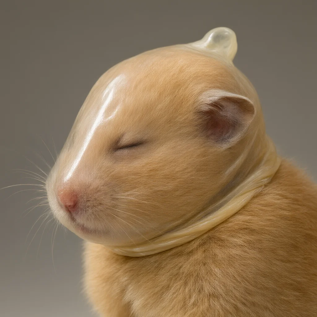 Sleeping hamster with a latex condom stretched over its head