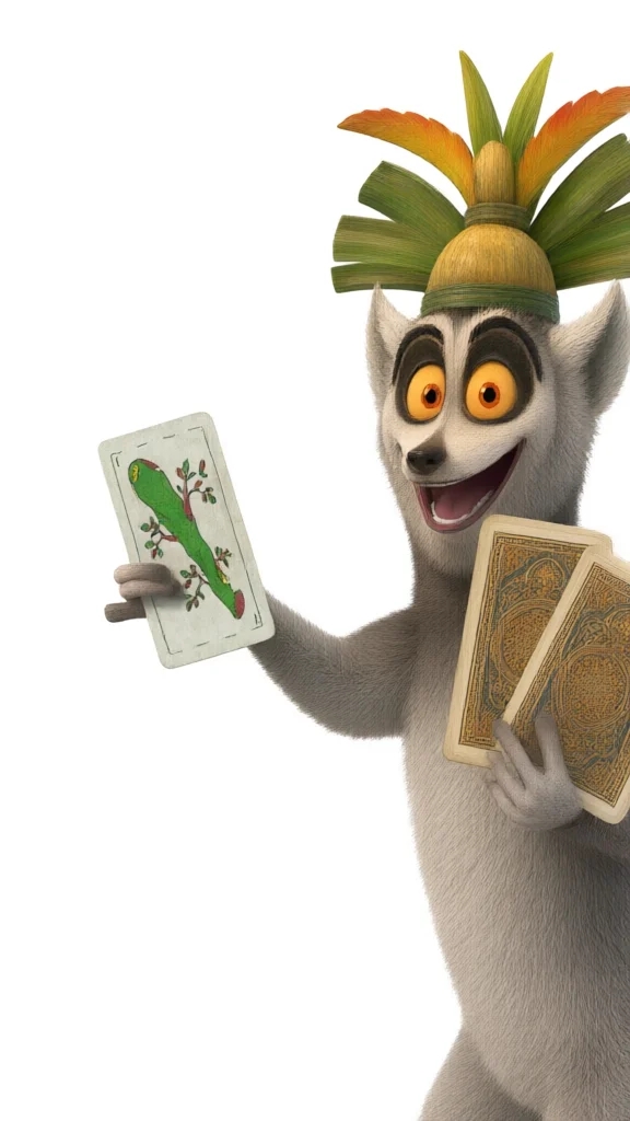 King Julien displaying a decorated playing card while