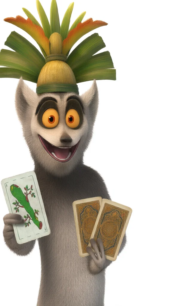 King Julien holding playing cards with a feathered crown