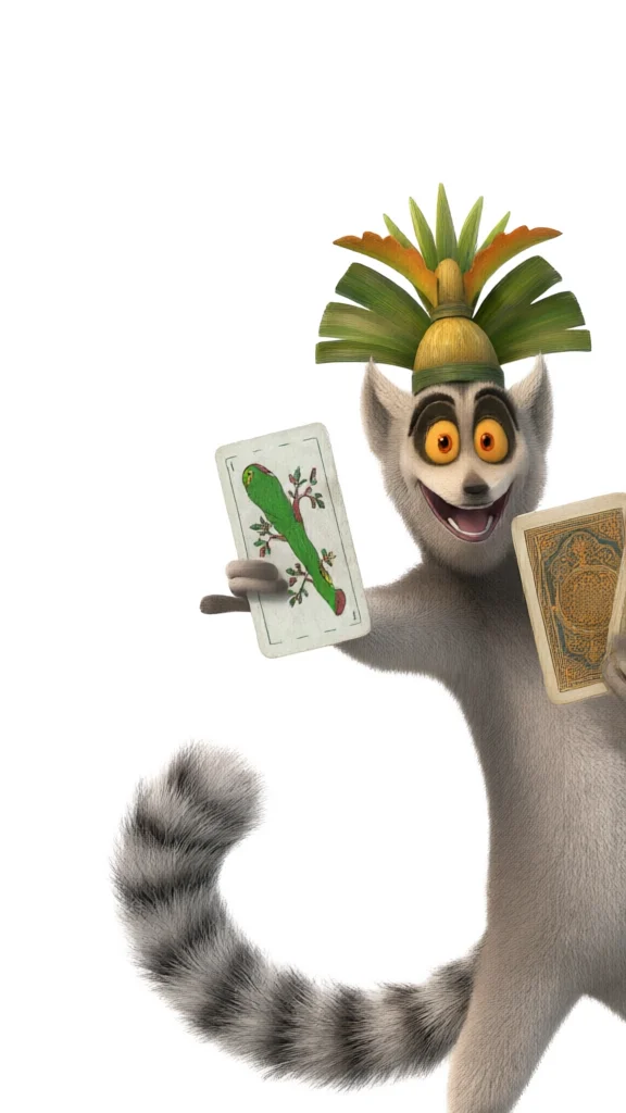 King Julien holding a decorated card and a gold playing