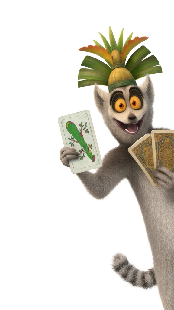 King Julien holding playing cards with a leafy crown and