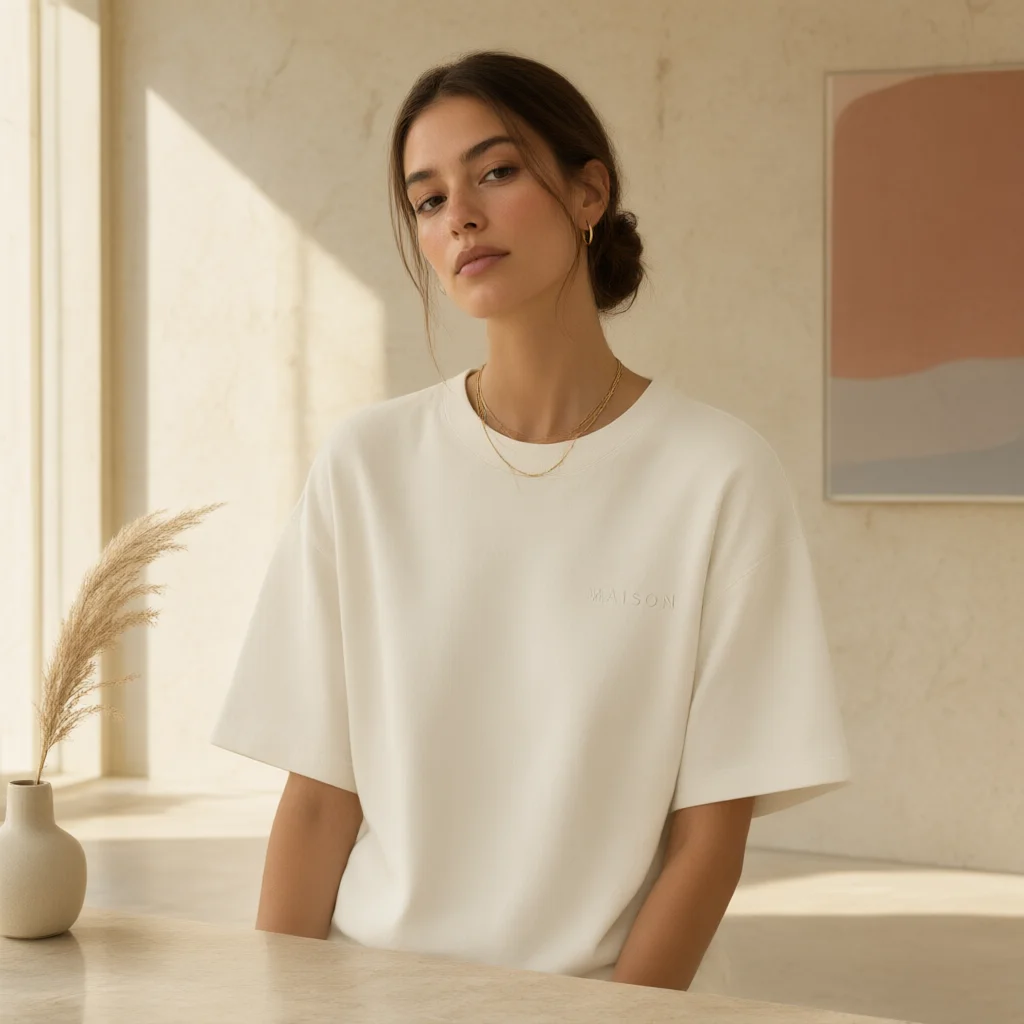 Woman in white tshirt posing in sunlit minimalist room