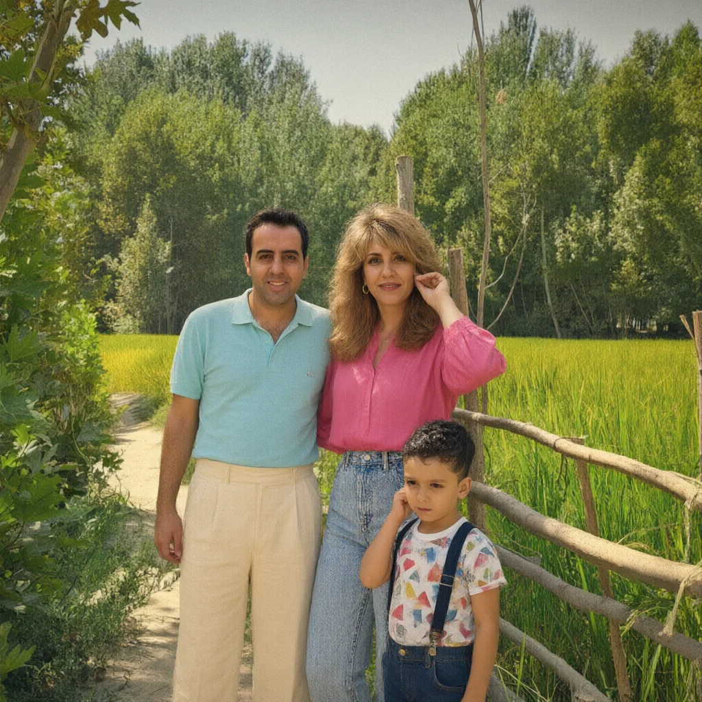 Family portrait in a field wearing pastel polo shirts and
