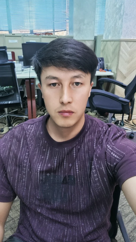 Young man in purple patterned shirt taking a selfie in an